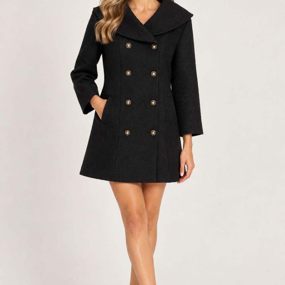 Tuckernuck Black Tweed Blanche Dress Large Long Sleeve Mini Double Breasted LBD